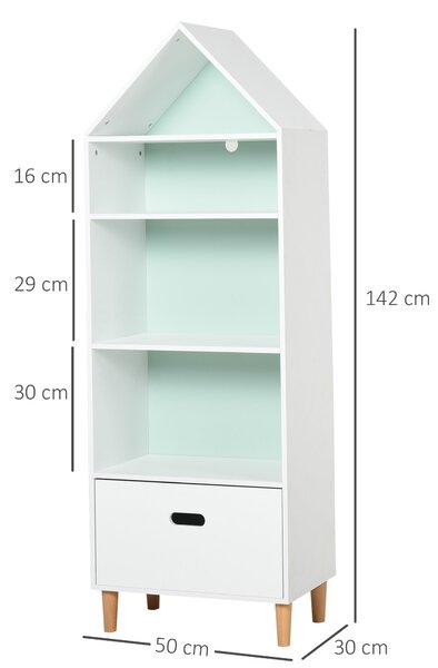 HOMCOM Dětská knihovna Dřevěná knihovna pro děti na knihy, hračky a DVD s 4 policemi a 1 zásuvkou Dvoubarevný kompaktní design 50x30x142 cm Bílá | Aos