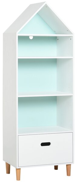HOMCOM Dětská knihovna Dřevěná knihovna pro děti na knihy, hračky a DVD s 4 policemi a 1 zásuvkou Dvoubarevný kompaktní design 50x30x142 cm Bílá | Aos