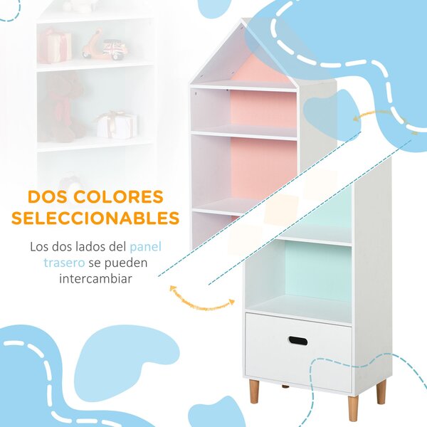 HOMCOM Dětská knihovna Dřevěná knihovna pro děti na knihy, hračky a DVD s 4 policemi a 1 zásuvkou Dvoubarevný kompaktní design 50x30x142 cm Bílá | Aos