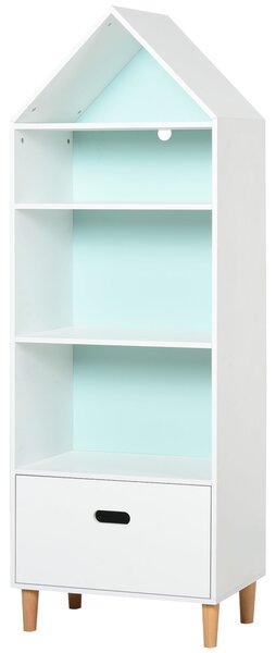 HOMCOM Dětská knihovna Dřevěná knihovna pro děti na knihy, hračky a DVD s 4 policemi a 1 zásuvkou Dvoubarevný kompaktní design 50x30x142 cm Bílá | Aos