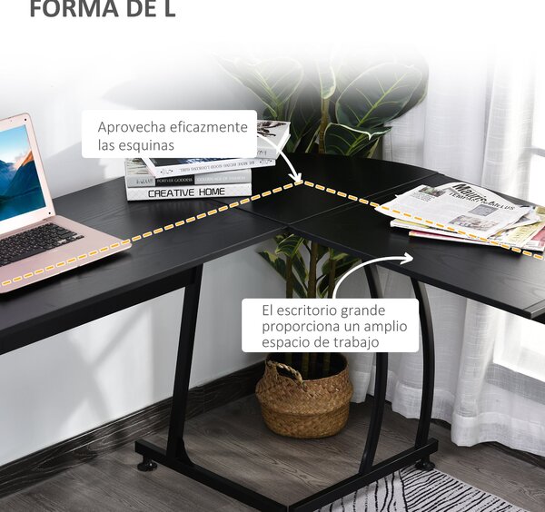 HOMCOM Rohový Počítačový Stůl pro Kancelář a Studium, Minimalistický Moderní, Velký Prostor 112,5x152x74 cm Černý | Aosom
