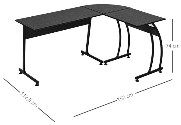 HOMCOM Rohový Počítačový Stůl pro Kancelář a Studium, Minimalistický Moderní, Velký Prostor 112,5x152x74 cm Černý | Aosom