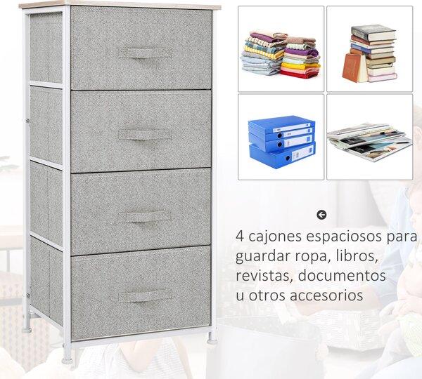 HOMCOM Komoda se 4 látkovými zásuvkami, úložný kabinet multifunkční pro ložnici, obývací pokoj a chodbu 45x30x92 cm šedá | Aosom