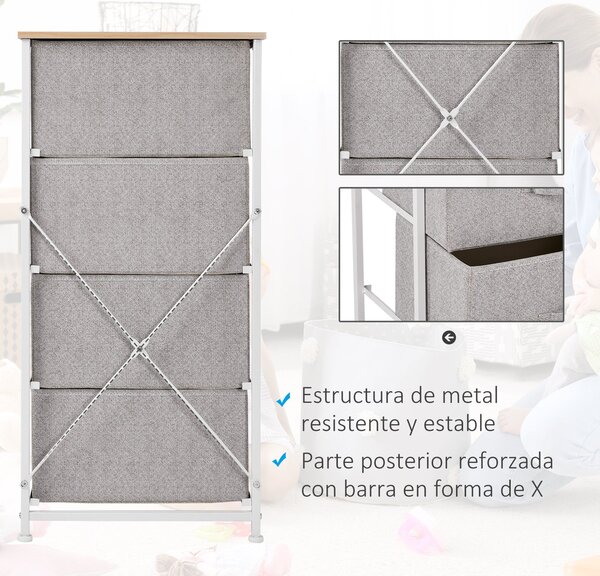 HOMCOM Komoda se 4 látkovými zásuvkami, úložný kabinet multifunkční pro ložnici, obývací pokoj a chodbu 45x30x92 cm šedá | Aosom