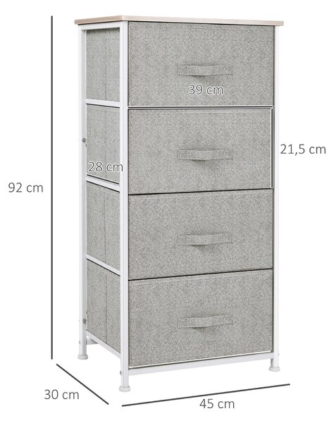 HOMCOM Komoda se 4 látkovými zásuvkami, úložný kabinet multifunkční pro ložnici, obývací pokoj a chodbu 45x30x92 cm šedá | Aosom