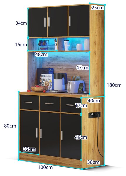 Kuchyňská komoda s LED osvětlením, rozměry 100x40x180 cm, korpus v přírodním odstínu s černými dvířky, zásuvkami a zásuvkou, vhodná do kuchyně i jídelny
