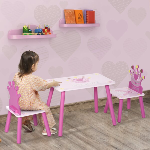 HOMCOM Dětský Dřevěný Stolek a 2 Židle Sada 55x34x42 cm pro Děti 2-4 roky Růžová | Aosom