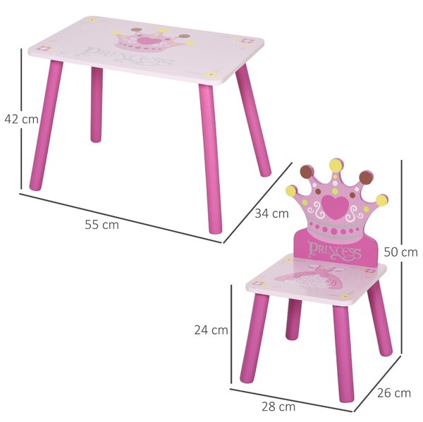 HOMCOM Dětský Dřevěný Stolek a 2 Židle Sada 55x34x42 cm pro Děti 2-4 roky Růžová | Aosom