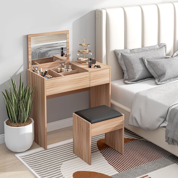 HOMCOM Toaletní stolek s taburetem a sklopným zrcadlem, 80x40x79 cm a 40x30x40 cm, přírodní | Aosom