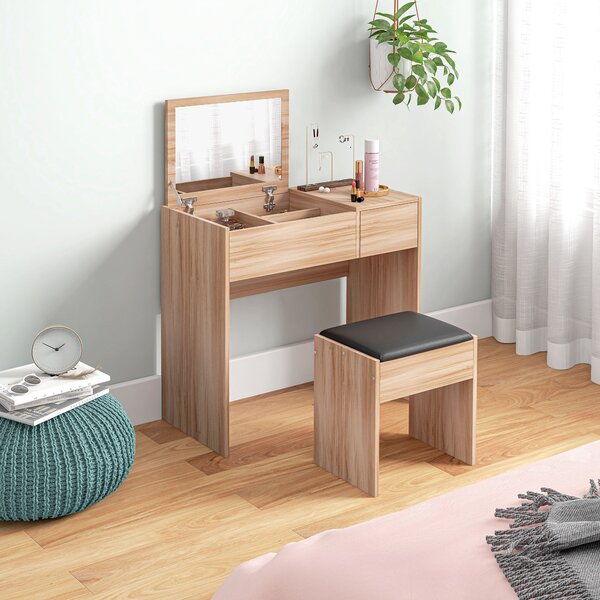 HOMCOM Toaletní stolek s taburetem a sklopným zrcadlem, 80x40x79 cm a 40x30x40 cm, přírodní | Aosom