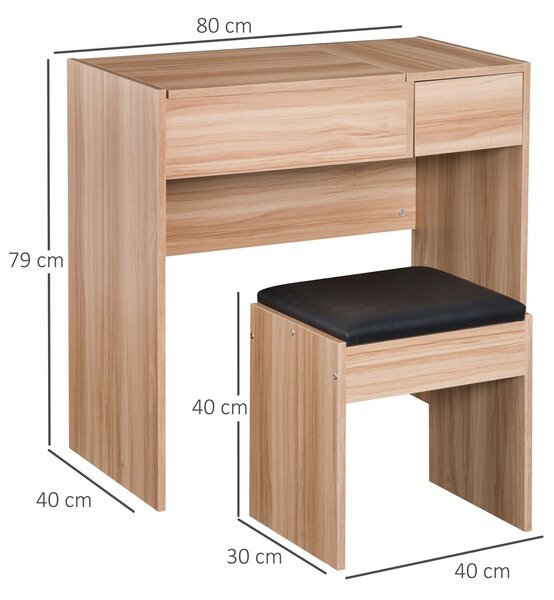 HOMCOM Toaletní stolek s taburetem a sklopným zrcadlem, 80x40x79 cm a 40x30x40 cm, přírodní | Aosom
