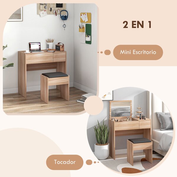 HOMCOM Toaletní stolek s taburetem a sklopným zrcadlem, 80x40x79 cm a 40x30x40 cm, přírodní | Aosom