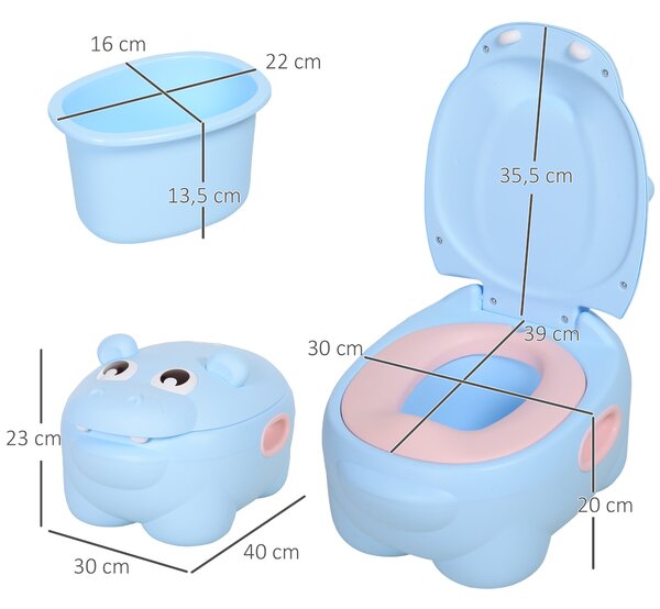 HOMCOM Dětský nočník ve tvaru hrocha 2 v 1 s odnímatelným nočníkem a toaletním štětcem pro učení, nosnost 25 kg, 40x30x23 cm, modrý | Aosom