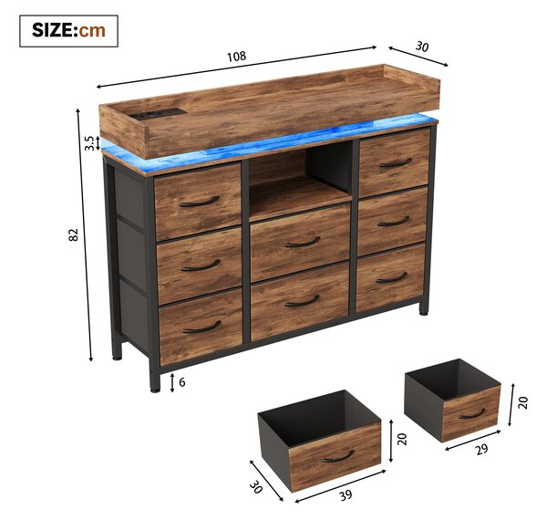 Komoda REMZETTA s 8 zásuvkami, 108 cm, LED komoda s 2 zásuvkami, USB a Type-C porty, zásuvky potažené látkou, kovový rám, hnědá barva, vhodná do ložnice i obývacího pokoje