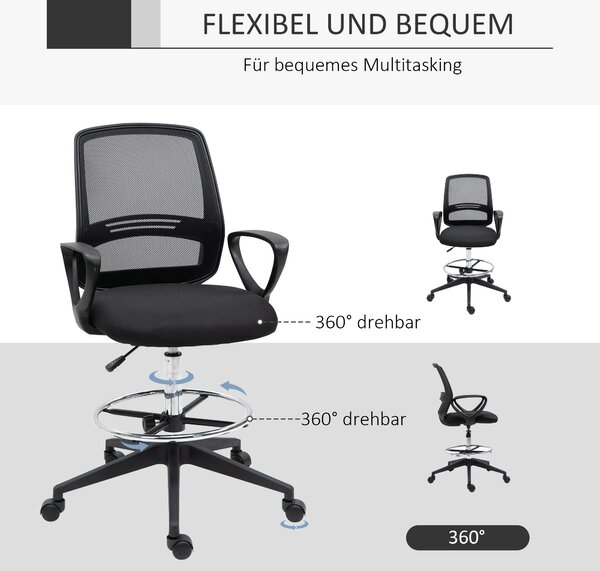 Ergonomická kancelářská židle Vinsetto s područkami a nastavitelným opěrátkem nohou, výškově nastavitelná otočná židle s čalouněním z prodyšné síťovin