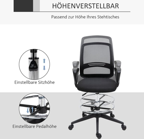 Ergonomická kancelářská židle Vinsetto s područkami a nastavitelným opěrátkem nohou, výškově nastavitelná otočná židle s čalouněním z prodyšné síťovin