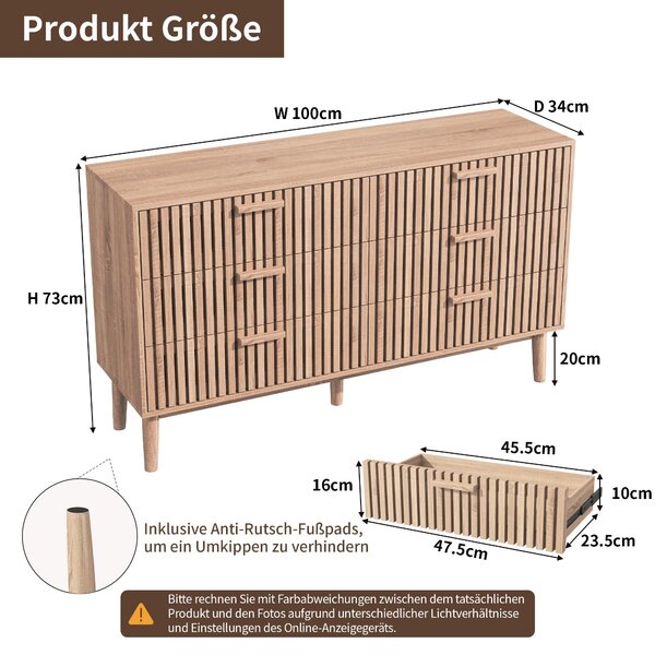 Komoda REMZETTA s 6 zásuvkami, komoda o šířce 100 cm v barvě přírodní buk, s reliéfními předními plochami, dřevěnými úchytkami, vysokými nohami, s ochranou proti převrácení, vhodná do ložnice i obývacího pokoje