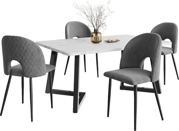 Fortuna Lai – jídelní set (stůl 117×68 cm a 4 židle). Obdélníkový jídelní stůl, moderní sada do kuchyně. Sametové jídelní židle s diamantovým vzorem, nastavitelné nohy, šedý samet, černé nohy stolu