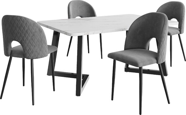 Fortuna Lai – jídelní set (stůl 117×68 cm a 4 židle). Obdélníkový jídelní stůl, moderní sada do kuchyně. Sametové jídelní židle s diamantovým vzorem, nastavitelné nohy, šedý samet, černé nohy stolu