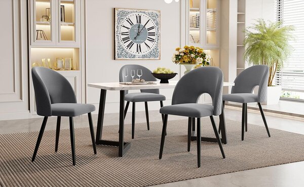 Fortuna Lai – jídelní set (stůl 117×68 cm a 4 židle). Obdélníkový jídelní stůl, moderní sada do kuchyně. Sametové jídelní židle s diamantovým vzorem, nastavitelné nohy, šedý samet, černé nohy stolu