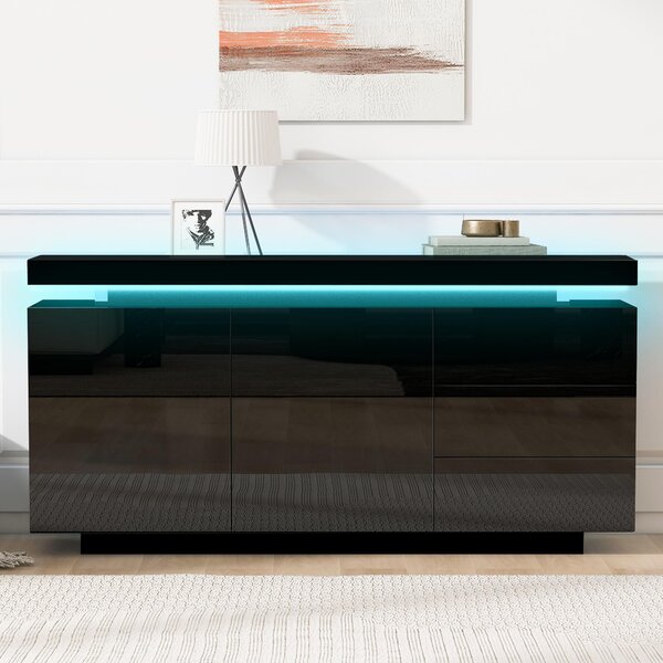 Fortuna Lai Sideboard Skříň Moderní obývací pokoj Příruční skříň Stojací skříň Komoda Highboard Prádelník Nábytek 2 dveře 3 zásuvky Lesklý Sideboard s LED osvětlením Bez úchytek 140x35x72,5 cm - černá
