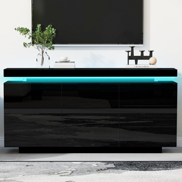 Fortuna Lai Sideboard Skříň Moderní obývací pokoj Příruční skříň Stojací skříň Komoda Highboard Prádelník Nábytek 2 dveře 3 zásuvky Lesklý Sideboard s LED osvětlením Bez úchytek 140x35x72,5 cm - černá