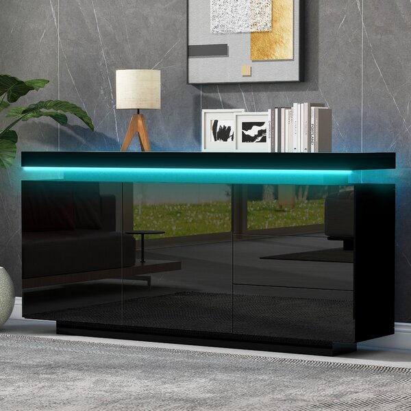 Fortuna Lai Sideboard Skříň Moderní obývací pokoj Příruční skříň Stojací skříň Komoda Highboard Prádelník Nábytek 2 dveře 3 zásuvky Lesklý Sideboard s LED osvětlením Bez úchytek 140x35x72,5 cm - černá