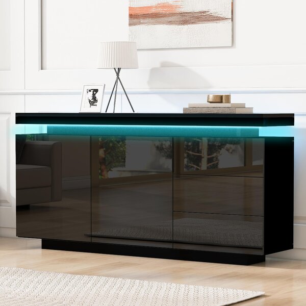 Fortuna Lai Sideboard Skříň Moderní obývací pokoj Příruční skříň Stojací skříň Komoda Highboard Prádelník Nábytek 2 dveře 3 zásuvky Lesklý Sideboard s LED osvětlením Bez úchytek 140x35x72,5 cm - černá