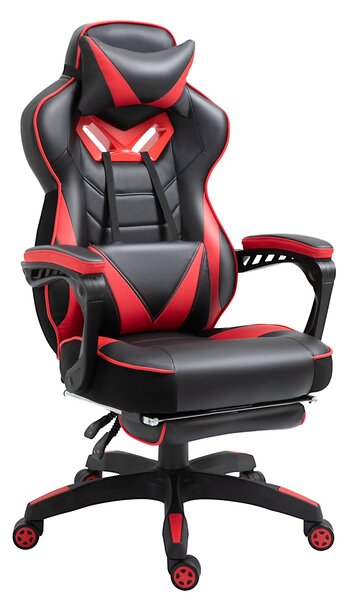 Ergonomická kancelářská židle Vinsetto, herní židle, otočná židle s výsuvným podnožím a nastavitelným opěradlem, pěna+PU kůže+kov, Černá+Červená, 65 x
