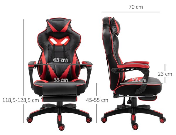 Ergonomická kancelářská židle Vinsetto, herní židle, otočná židle s výsuvným podnožím a nastavitelným opěradlem, pěna+PU kůže+kov, Černá+Červená, 65 x