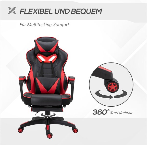 Ergonomická kancelářská židle Vinsetto, herní židle, otočná židle s výsuvným podnožím a nastavitelným opěradlem, pěna+PU kůže+kov, Černá+Červená, 65 x