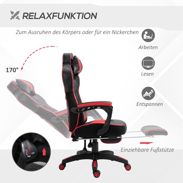 Ergonomická kancelářská židle Vinsetto, herní židle, otočná židle s výsuvným podnožím a nastavitelným opěradlem, pěna+PU kůže+kov, Černá+Červená, 65 x