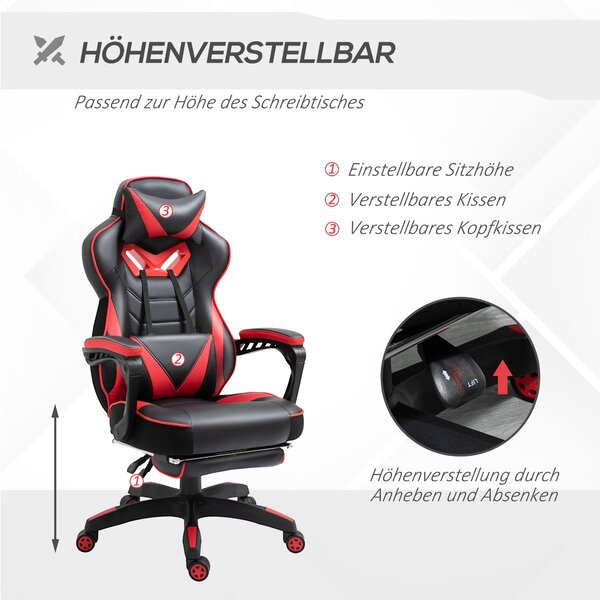 Ergonomická kancelářská židle Vinsetto, herní židle, otočná židle s výsuvným podnožím a nastavitelným opěradlem, pěna+PU kůže+kov, Černá+Červená, 65 x