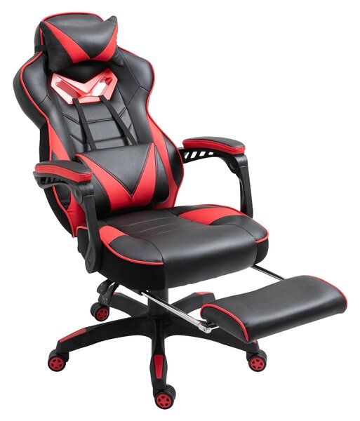 Ergonomická kancelářská židle Vinsetto, herní židle, otočná židle s výsuvným podnožím a nastavitelným opěradlem, pěna+PU kůže+kov, Černá+Červená, 65 x