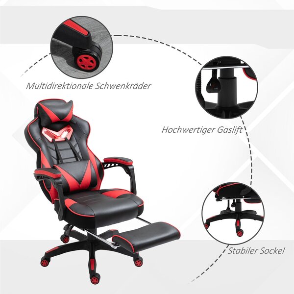 Ergonomická kancelářská židle Vinsetto, herní židle, otočná židle s výsuvným podnožím a nastavitelným opěradlem, pěna+PU kůže+kov, Černá+Červená, 65 x
