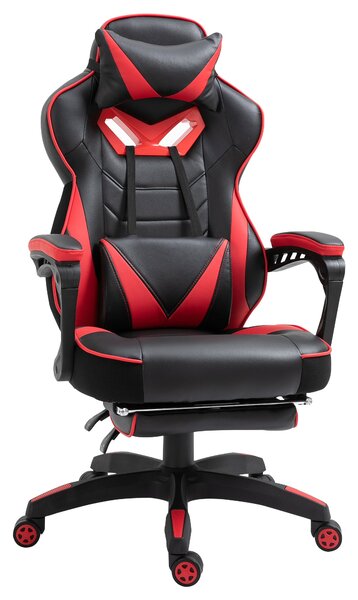 Ergonomická kancelářská židle Vinsetto, herní židle, otočná židle s výsuvným podnožím a nastavitelným opěradlem, pěna+PU kůže+kov, Černá+Červená, 65 x