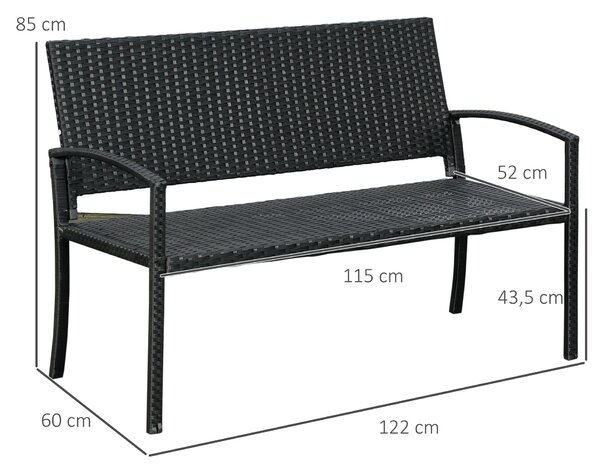Outsunny Ratanová zahradní lavice 2-místná, UV-odolná, s ergonomickými opěrkami a opěradlem, zahradní nábytek, parková lavice s nosností až 240 kg, 12