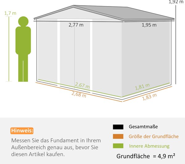 Zahradní kůlna Outsunny 4,9 m² s pultovou střechou, posuvné dveře, základy, 277 x 195 x 192 cm, kůlna z pozinkované oceli, odolná vůči počasí, pro zah