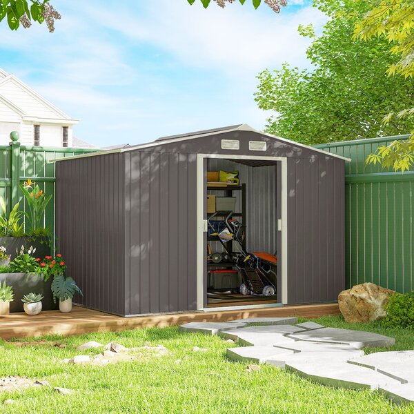 Zahradní kůlna Outsunny 4,9 m² s pultovou střechou, posuvné dveře, základy, 277 x 195 x 192 cm, kůlna z pozinkované oceli, odolná vůči počasí, pro zah