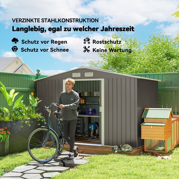 Zahradní kůlna Outsunny 4,9 m² s pultovou střechou, posuvné dveře, základy, 277 x 195 x 192 cm, kůlna z pozinkované oceli, odolná vůči počasí, pro zah