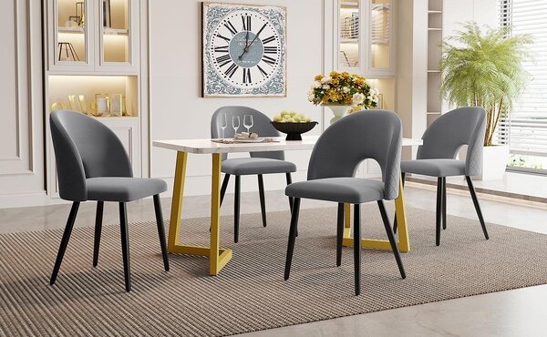 Jídelní souprava Fortuna Lai (sada, jídelní stůl 117 × 68 cm se 4 židlemi), obdélníkový jídelní stůl Moderní kuchyňský stůl, sametová jídelní židle s diamantovým vzorem, nastavitelné nohy židle, šedý samet, zlaté nohy stolu