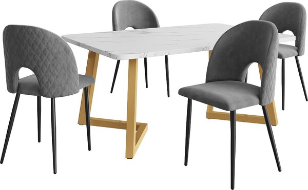 Jídelní souprava Fortuna Lai (sada, jídelní stůl 117 × 68 cm se 4 židlemi), obdélníkový jídelní stůl Moderní kuchyňský stůl, sametová jídelní židle s diamantovým vzorem, nastavitelné nohy židle, šedý samet, zlaté nohy stolu