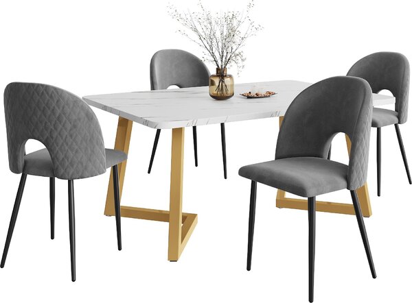 Jídelní souprava Fortuna Lai (sada, jídelní stůl 117 × 68 cm se 4 židlemi), obdélníkový jídelní stůl Moderní kuchyňský stůl, sametová jídelní židle s diamantovým vzorem, nastavitelné nohy židle, šedý samet, zlaté nohy stolu