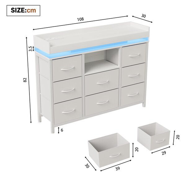 Komoda REMZETTA s 8 zásuvkami, 108 cm, LED komoda s 2 zásuvkami, USB a Type-C porty, zásuvky potažené látkou, kovový rám, bílá barva, vhodná do ložnice a obývacího pokoje