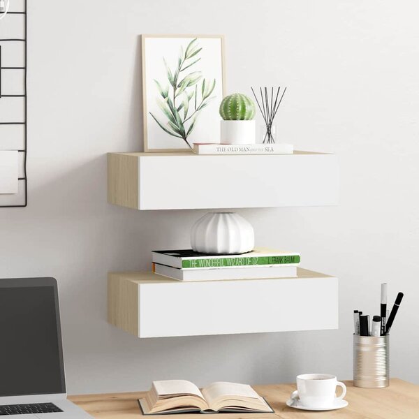 Nástěnné police se zásuvkou 2 ks dub a bílé 40x23,5x10 cm MDF 330250