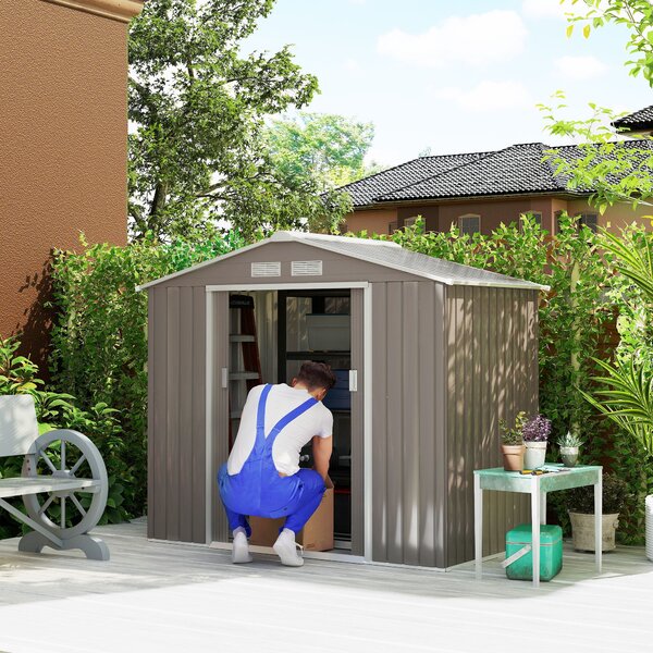 Zahradní domek Outsunny 2,42 m², zahradní dům s gable střechou, posuvné dveře, základna, 213 x 130 x 185 cm, venkovní úložný box z pozinkované oceli