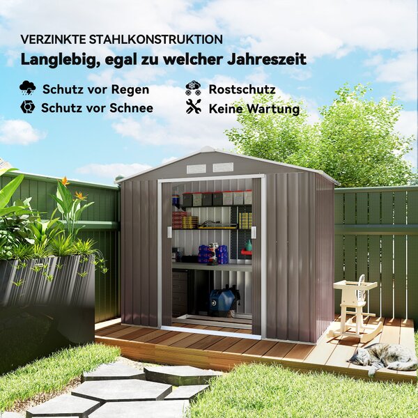 Zahradní domek Outsunny 2,42 m², zahradní dům s gable střechou, posuvné dveře, základna, 213 x 130 x 185 cm, venkovní úložný box z pozinkované oceli