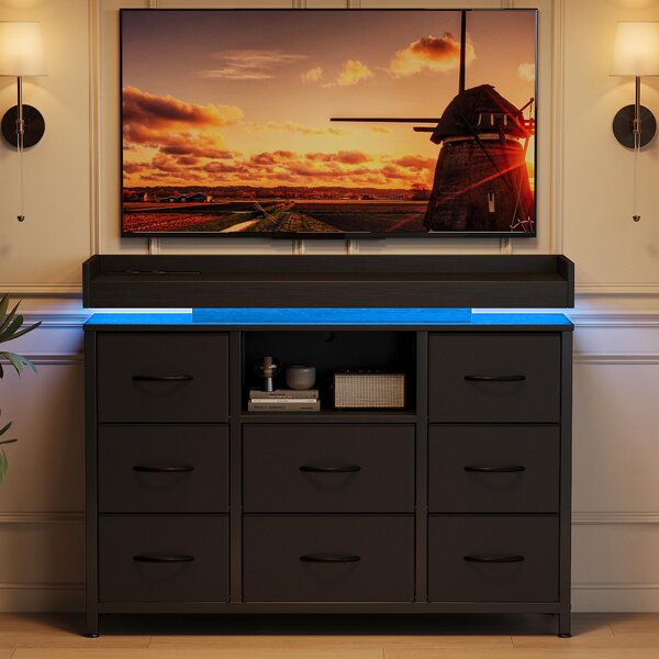 Komoda REMZETTA s 8 zásuvkami, 108 cm, LED komoda s 2 zásuvkami, USB a Type-C porty, zásuvky potažené látkou, kovový rám, černá barva, vhodná do ložnice a obývacího pokoje