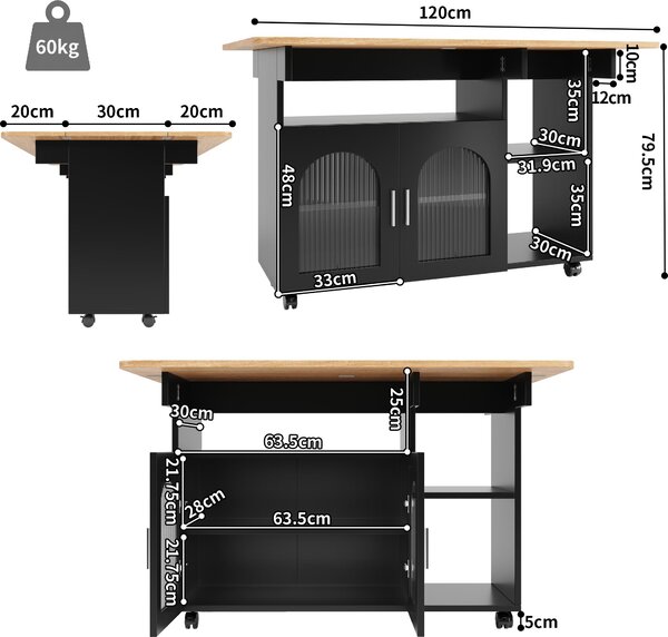 Kuchyňský ostrůvek Fortuna Lai, moderní kuchyňský ostrůvek, kuchyňská skříň, odnímatelný servírovací vozík, bufetová skříň, jídelní vozík s dřevěným dezénem, bufetová skříň, multifunkční jídelní stůl s úložným prostorem, černý