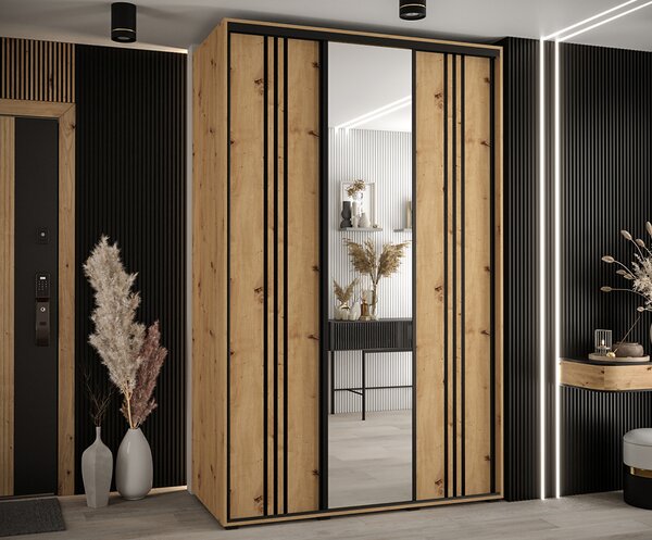 Šatní skříň s posuvnými dveřmi a zrcadlem DAVOS 7, 160cm | DUB Artisan / černé pojezdy